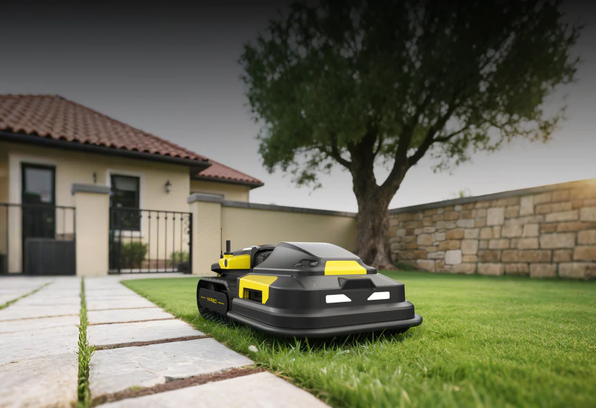 Yarbo lawn mower delivering edge-to-edge cutting along a stone path and pathway for consistent, precise lawn edging